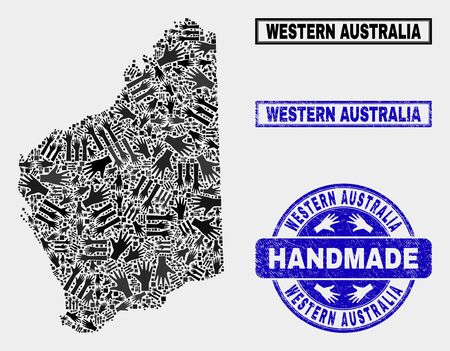 Vector handmade combination of Western Australia map and corroded seals. Mosaic Western Australia map is designed with random hands. Blue watermarks with corroded rubber texture.のイラスト素材