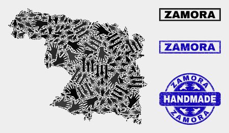 Vector handmade collage of Zamora Province map and scratched stamp seals. Mosaic Zamora Province map is done with scattered hands. Blue stamp imprints with scratched rubber texture.のイラスト素材