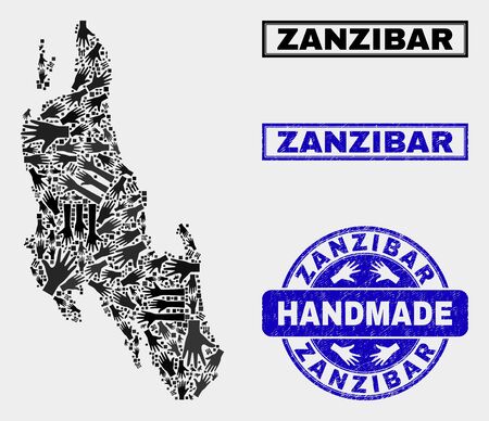Vector handmade composition of Zanzibar Island map and corroded watermarks. Mosaic Zanzibar Island map is formed from random hands. Blue watermarks with corroded rubber texture.のイラスト素材