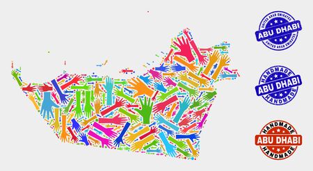 Vector handmade combination of Abu Dhabi Emirate map and rubber seals. Mosaic Abu Dhabi Emirate map is organized of randomized bright colorful hands. Rounded watermarks with grunge rubber texture.のイラスト素材