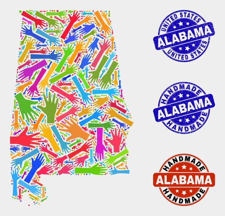 Vector handmade combination of Alabama State map and dirty watermarks. Mosaic Alabama State map is organized with random bright colorful hands. Rounded watermarks with scratched rubber texture.のイラスト素材