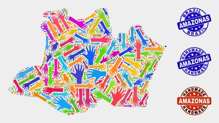 Vector handmade collage of Amazonas State map and scratched seals. Mosaic Amazonas State map is organized of scattered bright colored hands. Rounded seals with grunge rubber texture.のイラスト素材