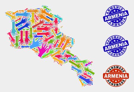 Vector handmade composition of Armenia map and unclean stamp seals. Mosaic Armenia map is formed of random bright colored hands. Rounded watermarks with unclean rubber texture.のイラスト素材