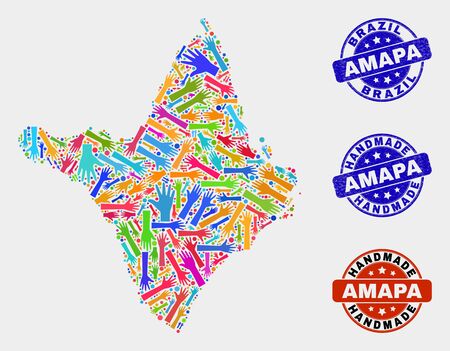 Vector handmade collage of Amapa state map and corroded stamp seals. Mosaic Amapa state map is designed of randomized bright colored hands. Rounded seals with unclean rubber texture.のイラスト素材