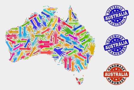 Vector handmade combination of Australia map and dirty watermarks. Mosaic Australia map is done with randomized bright colored hands. Rounded watermarks with scratched rubber texture.のイラスト素材
