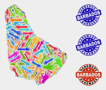 Vector handmade combination of Barbados map and corroded stamp seals. Mosaic Barbados map is created of random bright colored hands. Rounded stamp imprints with distress rubber texture.のイラスト素材