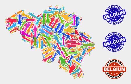 Vector handmade collage of Belgium map and corroded watermarks. Mosaic Belgium map is constructed with scattered bright colored hands. Rounded stamp imprints with grunge rubber texture.のイラスト素材