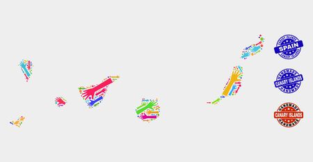 Vector handmade composition of Canary Islands map and scratched seals. Mosaic Canary Islands map is organized of randomized bright colored hands. Rounded seals with corroded rubber texture.のイラスト素材