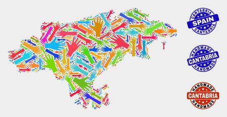 Vector handmade combination of Cantabria Province map and grunge stamp seals. Mosaic Cantabria Province map is composed of random bright colorful hands.のイラスト素材