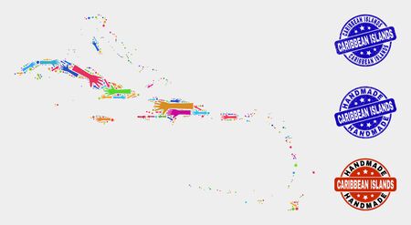 Vector handmade collage of Caribbean Islands map and rubber stamps. Mosaic Caribbean Islands map is composed of randomized bright colorful hands. Rounded watermarks with corroded rubber texture.のイラスト素材
