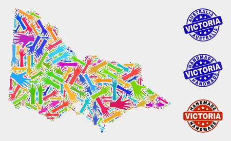 Vector handmade combination of Australian Victoria map and textured watermarks. Mosaic Australian Victoria map is composed with scattered bright colorful hands.のイラスト素材