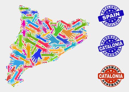 Vector handmade combination of Catalonia map and grunge seals. Mosaic Catalonia map is done of randomized bright colored hands. Rounded seals with unclean rubber texture.のイラスト素材