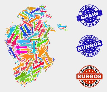 Vector handmade composition of Burgos Province map and scratched watermarks. Mosaic Burgos Province map is made of scattered bright colorful hands. Rounded watermarks with grunge rubber texture.のイラスト素材