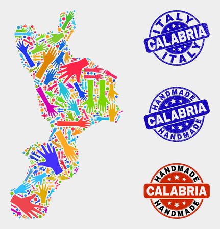 Vector handmade combination of Calabria region map and grunge stamp seals. Mosaic Calabria region map is composed of scattered bright colored hands. Rounded stamp imprints with grunge rubber texture.のイラスト素材