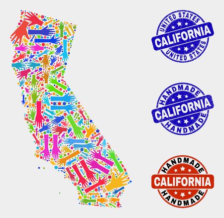 Vector handmade collage of California State map and corroded stamp seals. Mosaic California State map is composed of random bright colored hands. Rounded seals with corroded rubber texture.のイラスト素材
