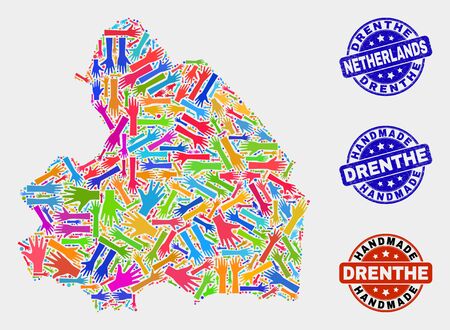 Vector handmade collage of Drenthe Province map and corroded seals. Mosaic Drenthe Province map is done of scattered bright colorful hands. Rounded seals with corroded rubber texture.のイラスト素材