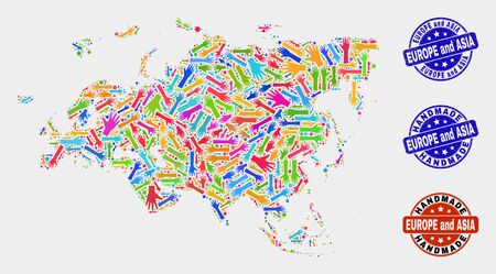 Vector handmade composition of Europe and Asia map and unclean watermarks. Mosaic Europe and Asia map is made of scattered bright colored hands. Rounded watermarks with grunge rubber texture.のイラスト素材