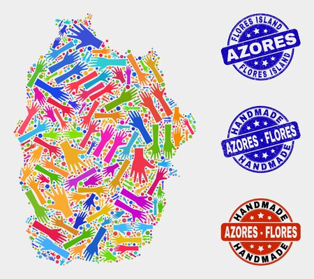 Vector handmade collage of Flores Island of Azores map and rubber seals. Mosaic Flores Island of Azores map is designed with random bright colorful hands. Rounded seals with corroded rubber texture.のイラスト素材
