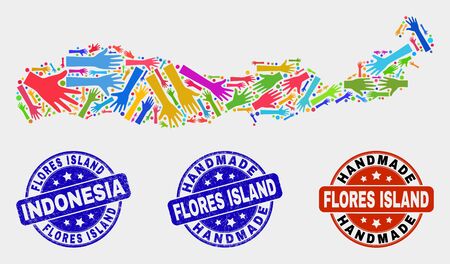 Vector handmade composition of Flores Island of Indonesia map and scratched stamp seals. Mosaic Flores Island of Indonesia map is organized of randomized bright colorful hands.のイラスト素材