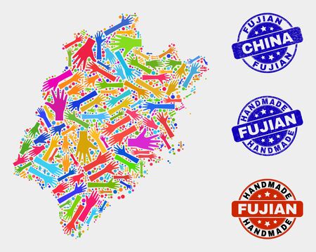 Vector handmade combination of Fujian Province map and scratched stamp seals. Mosaic Fujian Province map is organized of random bright colorful hands.のイラスト素材