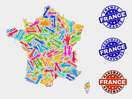 Vector handmade composition of France map and rubber stamps. Mosaic France map is created with random bright colored hands. Rounded seals with distress rubber texture.のイラスト素材