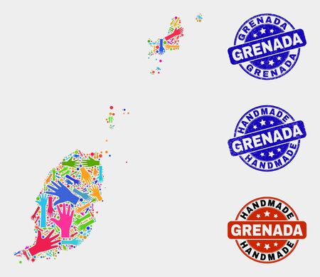 Vector handmade collage of Grenada map and rubber watermarks. Mosaic Grenada map is designed with scattered bright colored hands. Rounded watermarks with scratched rubber texture.のイラスト素材
