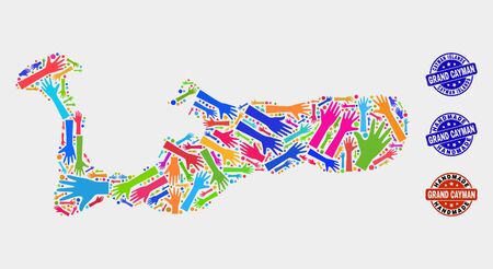 Vector handmade composition of Grand Cayman Island map and dirty seals. Mosaic Grand Cayman Island map is made with scattered bright colorful hands. Rounded seals with corroded rubber texture.のイラスト素材