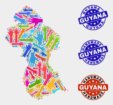 Vector handmade composition of Guyana map and unclean stamps. Mosaic Guyana map is composed of random bright colored hands. Rounded watermarks with unclean rubber texture.のイラスト素材