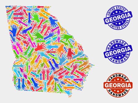 Vector handmade combination of Georgia State map and corroded seals. Mosaic Georgia State map is designed of random bright colored hands. Rounded seals with corroded rubber texture.のイラスト素材
