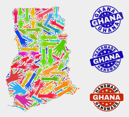 Vector handmade combination of Ghana map and unclean stamps. Mosaic Ghana map is made with randomized bright colored hands. Rounded watermarks with unclean rubber texture.のイラスト素材