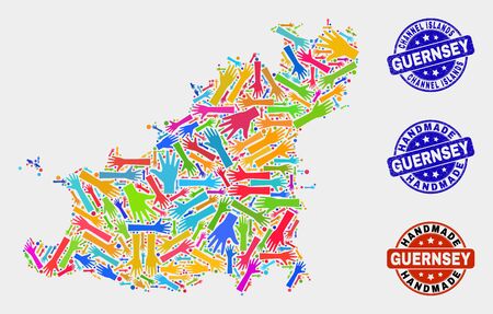 Vector handmade collage of Guernsey Island map and scratched stamp seals. Mosaic Guernsey Island map is organized of randomized bright colored hands.のイラスト素材