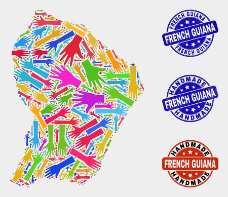 Vector handmade collage of French Guiana map and rubber seals. Mosaic French Guiana map is made with random bright colored hands. Rounded stamp imprints with corroded rubber texture.のイラスト素材