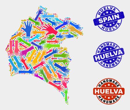 Vector handmade combination of Huelva Province map and rubber stamps. Mosaic Huelva Province map is composed with scattered bright colored hands. Rounded seals with grunge rubber texture.のイラスト素材