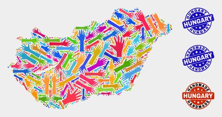 Vector handmade combination of Hungary map and scratched stamp seals. Mosaic Hungary map is created of random bright colored hands. Rounded stamp imprints with distress rubber texture.のイラスト素材