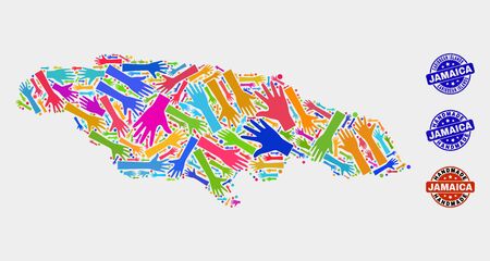 Vector handmade collage of Jamaica map and corroded seals. Mosaic Jamaica map is formed of randomized bright colored hands. Rounded seals with unclean rubber texture.のイラスト素材
