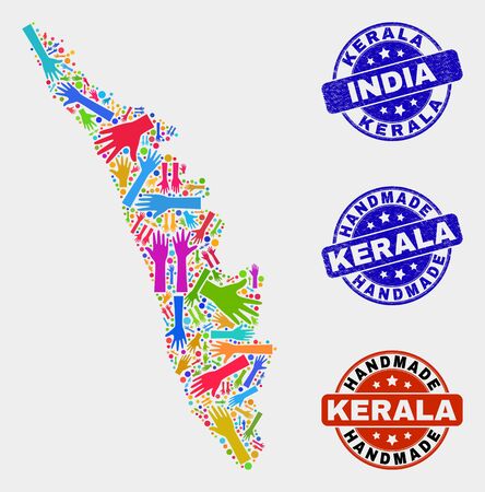 Vector handmade combination of Kerala State map and grunge stamp seals. Mosaic Kerala State map is designed of random bright colorful hands. Rounded stamp imprints with grunge rubber texture.のイラスト素材