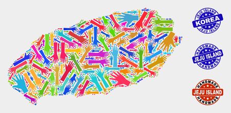 Vector handmade collage of Jeju Island map and corroded stamps. Mosaic Jeju Island map is composed of randomized bright colorful hands. Rounded watermarks with corroded rubber texture.のイラスト素材