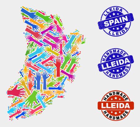 Vector handmade composition of Lleida Province map and rubber seals. Mosaic Lleida Province map is made of randomized bright colorful hands. Rounded seals with corroded rubber texture.のイラスト素材