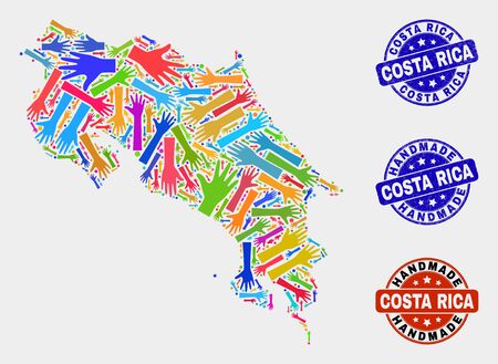 Vector handmade collage of Costa Rica map and grunge stamp seals. Mosaic Costa Rica map is created of scattered bright colorful hands. Rounded stamp imprints with grunge rubber texture.のイラスト素材