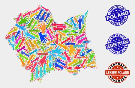 Vector handmade collage of Lesser Poland Voivodeship map and scratched seals. Mosaic Lesser Poland Voivodeship map is organized of scattered bright colorful hands.のイラスト素材