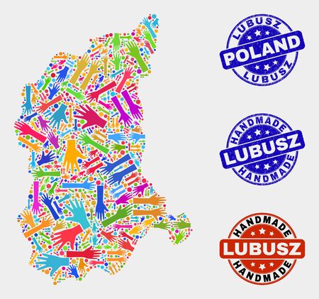 Vector handmade combination of Lubusz Voivodeship map and scratched stamp seals. Mosaic Lubusz Voivodeship map is formed of randomized bright colorful hands.のイラスト素材