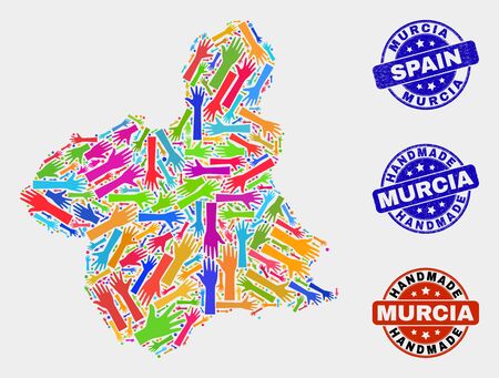 Vector handmade combination of Murcia Province map and unclean watermarks. Mosaic Murcia Province map is organized of random bright colorful hands. Rounded stamp imprints with unclean rubber texture.のイラスト素材