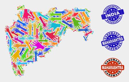 Vector handmade combination of Maharashtra State map and dirty seals. Mosaic Maharashtra State map is designed of random bright colored hands. Rounded seals with unclean rubber texture.のイラスト素材