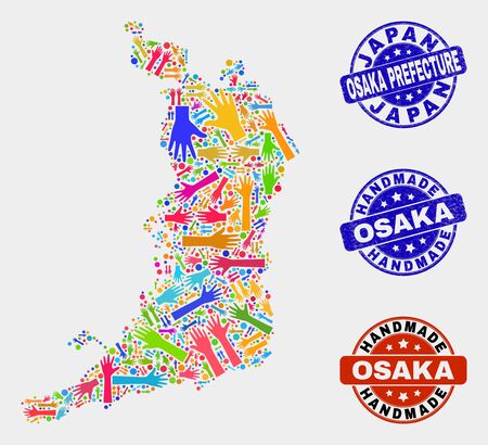 Vector handmade composition of Osaka Prefecture map and scratched watermarks. Mosaic Osaka Prefecture map is composed with random bright colored hands. Rounded watermarks with grunge rubber texture.のイラスト素材