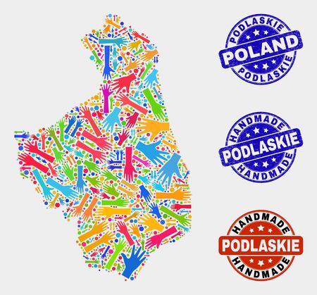 Vector handmade combination of Podlaskie Voivodeship map and rubber stamp seals. Mosaic Podlaskie Voivodeship map is organized with random bright colorful hands.のイラスト素材