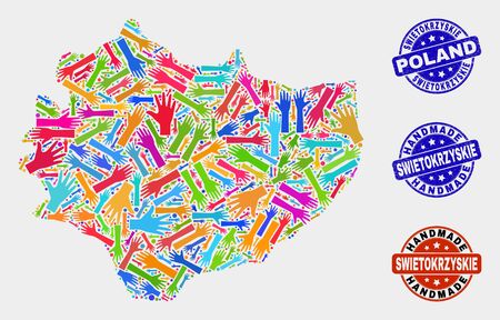 Vector handmade composition of Swietokrzyskie Voivodeship map and scratched watermarks. Mosaic Swietokrzyskie Voivodeship map is made of random bright colored hands.のイラスト素材