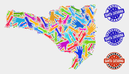 Vector handmade composition of Santa Catarina State map and scratched seals. Mosaic Santa Catarina State map is done from random bright colorful hands. Rounded seals with scratched rubber texture.のイラスト素材