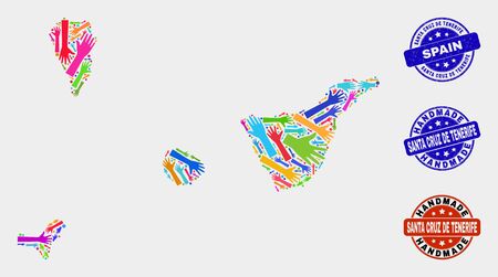 Vector handmade combination of Santa Cruz de Tenerife Province map and grunge stamp seals. Mosaic Santa Cruz de Tenerife Province map is designed from random bright colored hands.のイラスト素材