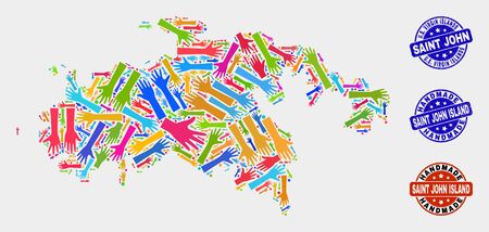 Vector handmade combination of Saint John Island map and textured seals. Mosaic Saint John Island map is constructed with randomized bright colored hands. Rounded seals with corroded rubber texture.のイラスト素材