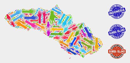 Vector handmade collage of Sumba Island map and scratched stamp seals. Mosaic Sumba Island map is composed with randomized bright colored hands. Rounded stamp imprints with distress rubber texture.のイラスト素材